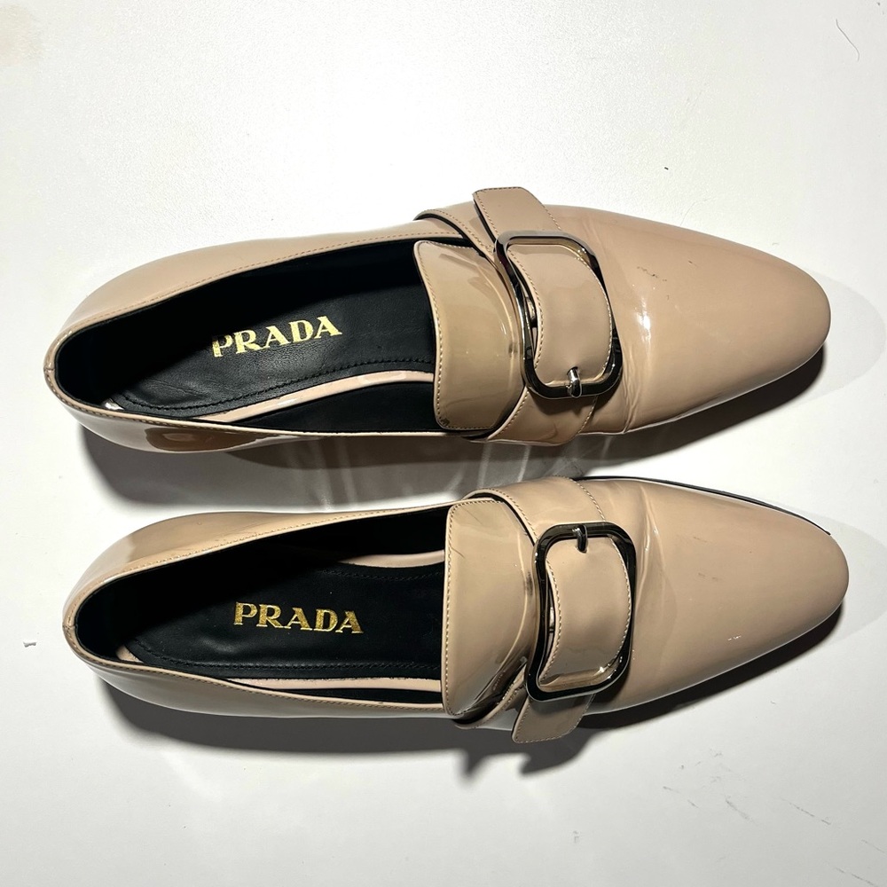 Prada beige patent low heel loafers with buckle detail size 37.5